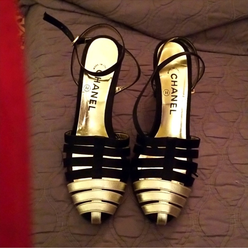 Chanel Strappy Black and Gold Heels